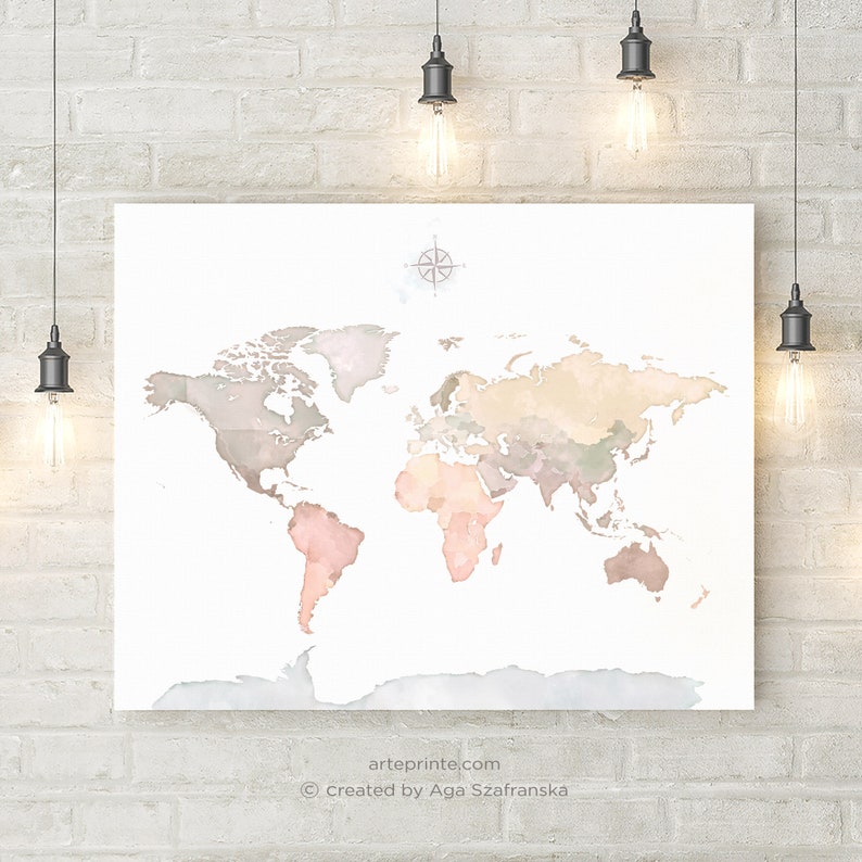 World Map Wall Art, Printable Map with Antarctica, Pastel Watercolor
