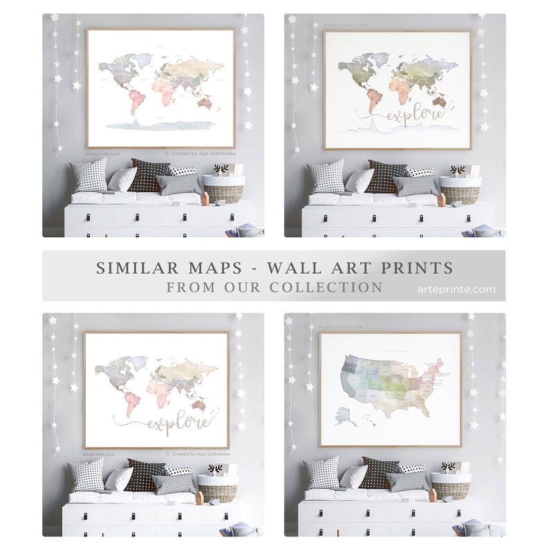 World Map Wall Art, Kids Nursery Decor ,watercolor Continents & Explore ...