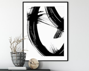 Black and White Abstract Minimalist Wall Art, Brush Strokes Print, Modern Painting Digital Download