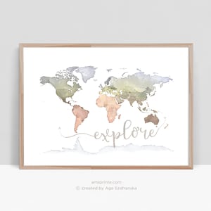 Explore Map Print, Modern Nursery World Map Wall Art, Digital Art Prints, Kids Room Map Art, Printable World Map Poster Instant Download