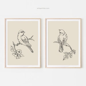 Bird Sketch, Prints Set of 2, Birds on a Branch, Printable Wall Art, Birds Illustration, Minimalist Beige Black Wall Art, Digital Download