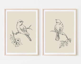 Minimalist Bird Art Prints Set 2 Nature Line Drawings, Farmhouse Wall Decor Digital Download