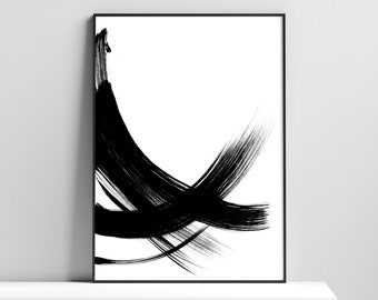 Black White Minimalist Abstract Printable Wall Art: Brush Strokes Print, Modern Ink Painting Digital Download