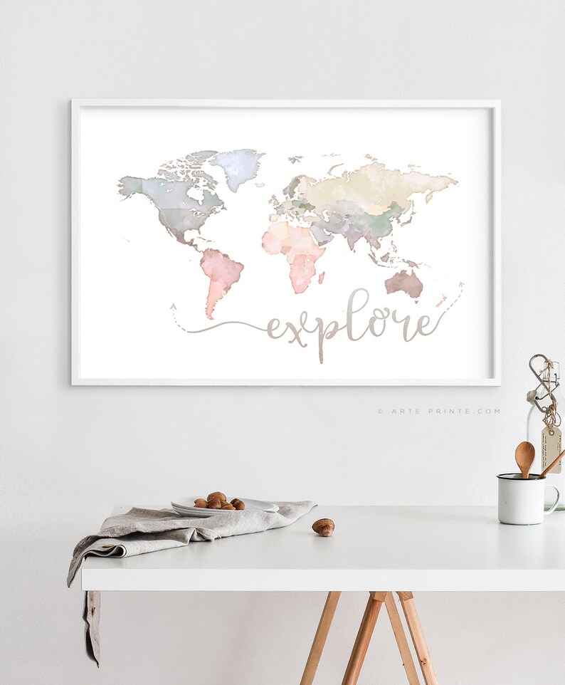 Explore World Map Print Pastel Wall Art Nursery Kids Map Etsy