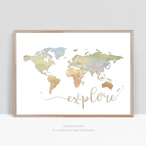Explore the World - Digital World Map Print for Nursery, World Map Wall Art with Watercolor Continents -  Digital Download | Aga Szafranska