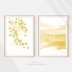 Yellow Wall Art Set of 2 Prints, Abstract Art and Abstract Watercolor Painting Ginkgo Leaves, Mustard Yellow Home Decor, Digital Download