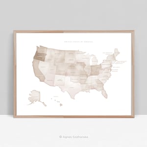 Beige USA Map Printable, United States Map with State Names, Aesthetic Elegant Watercolor US Map Print, Digital Download - Aga Szafranska