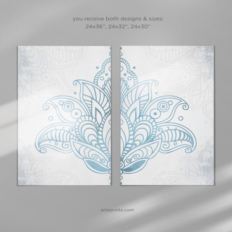 Gray Blue Mandala Lotus Printable, Zen Wall Art Set 2 Prints, Botanical