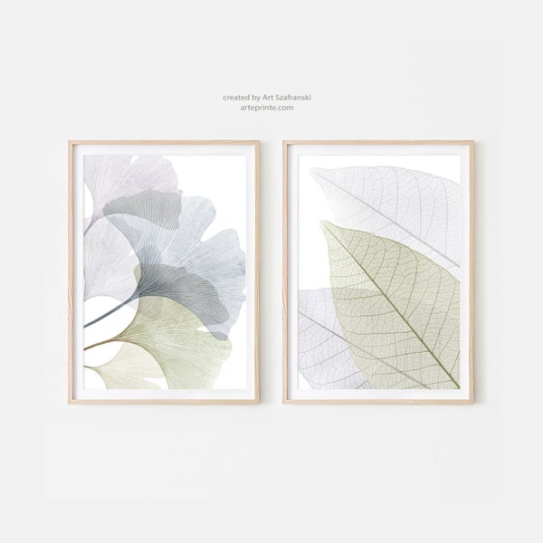 Set of 2 Leaf Prints, Printable Modern Botanical Wall Art, Transparent Ginkgo Leaf, Nature Wall Art, Leaf Skeleton Prints, Digital Download