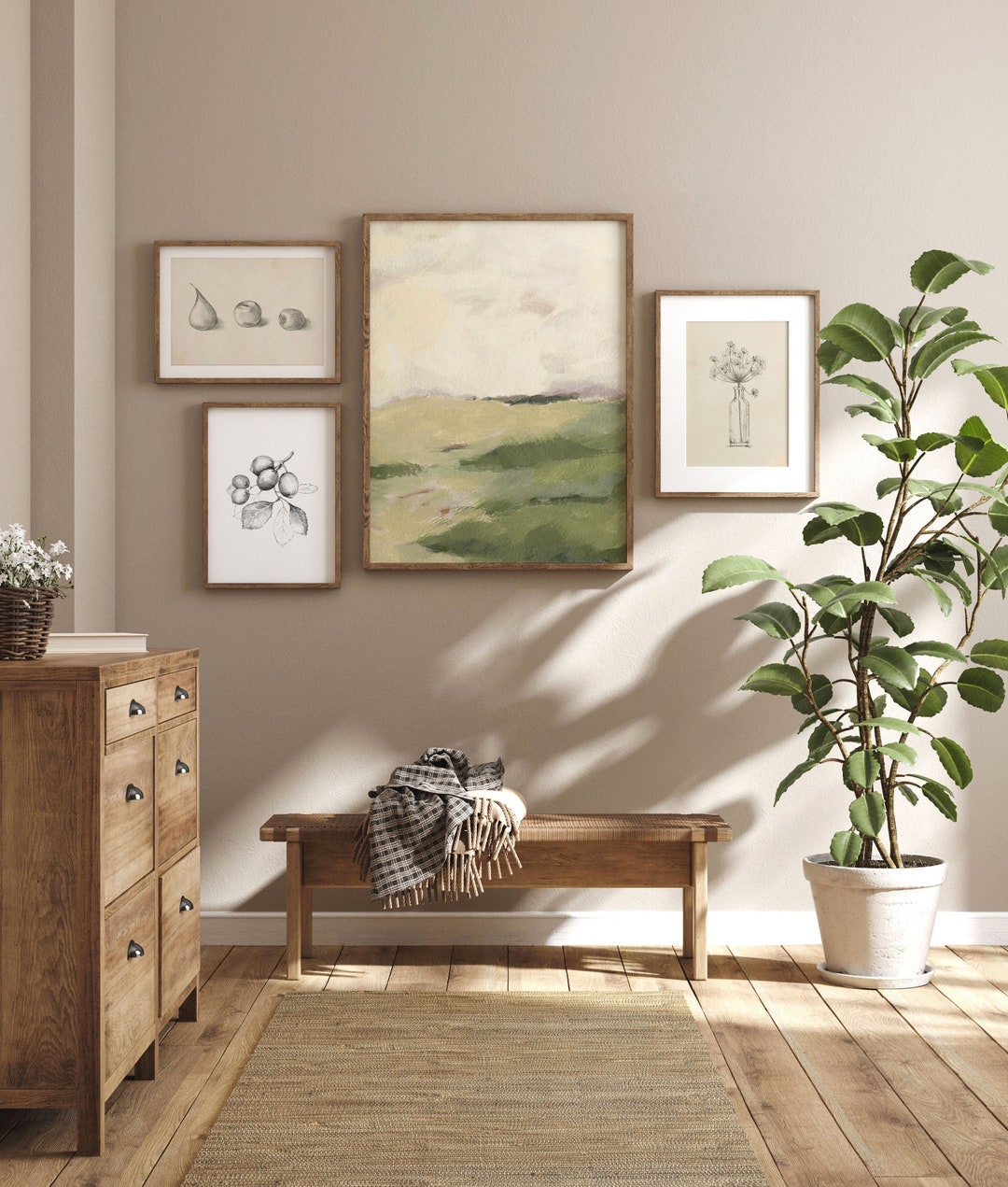 Modern Rustic Farmhouse Gallery Wall Art Set of 4 Prints, Botanical