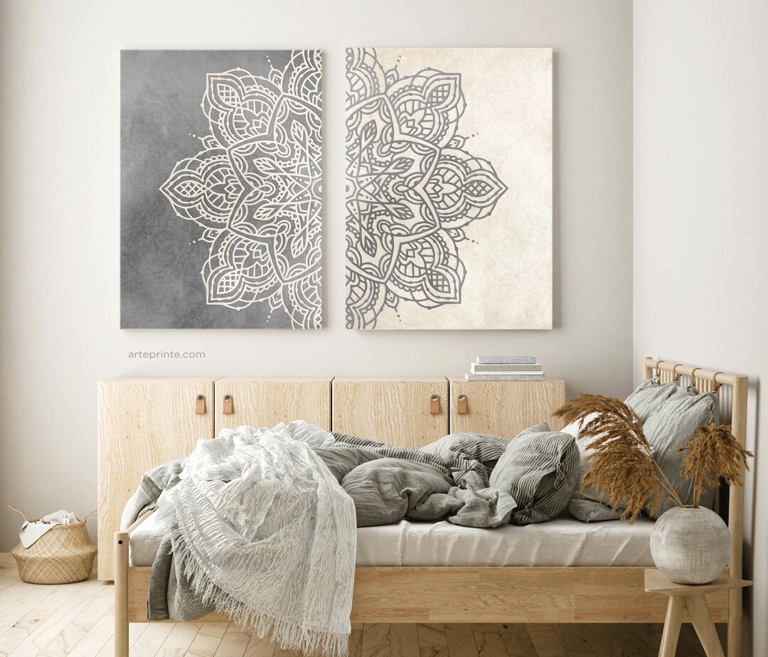 Gray Beige Boho Rustic Mandala Wall Art Set of 2 Prints, Boho Vintage ...