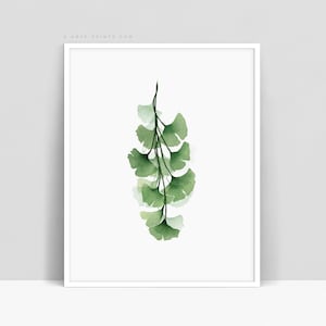 Green Ginkgo Branch with Leaves, Botanical Print, Ginkgo Painting, Printable Watercolor Wall Art, Modern Botanical Wall Art Digital Download