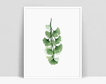 Green Ginkgo Branch with Leaves, Botanical Print, Ginkgo Painting, Printable Watercolor Wall Art, Modern Botanical Wall Art Digital Download