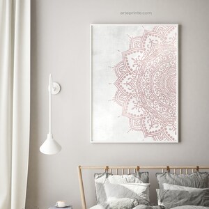 Blush pink gray mandala wall art print. Boho bedroom wall decor.