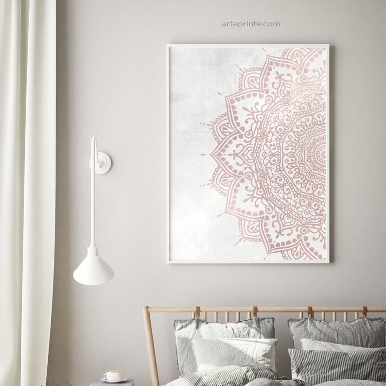 Blush pink gray mandala wall art print. Boho bedroom wall decor.