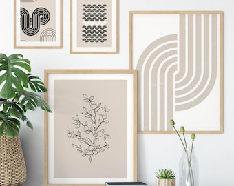 Gallery Wall Prints, Gallery Wall Art Set of 4 Prints, Printable Modern Geometric Line Wall Art, Beige Set of 4 Art Prints, Print Bundle Set