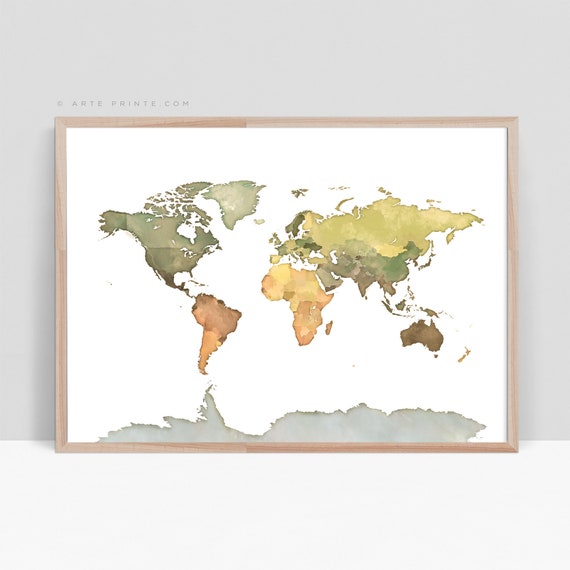 World Map Art Print Classroom Decor Green Yellow Beige World Map Wall Art Digital Watercolor Map Of The World Antarctica World Map Download