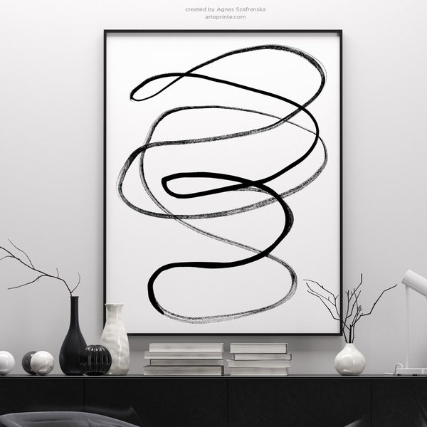 Black Line Print, Minimalist Abstract Painting, Black and White Modern Minimalist Art, Printable Wall Art, Abstract Print, Digital Download