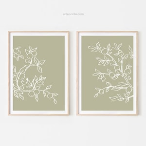 Green Botanical Wall Art Set of 2 Prints, Line Drawing Apple Tree Branches, Modern Minimalist Nature Art Digital Download | Aga Szafranska