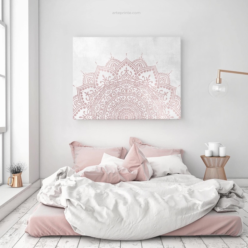 Mandala print, blush pink gray wall art, boho bedroom wall decor.