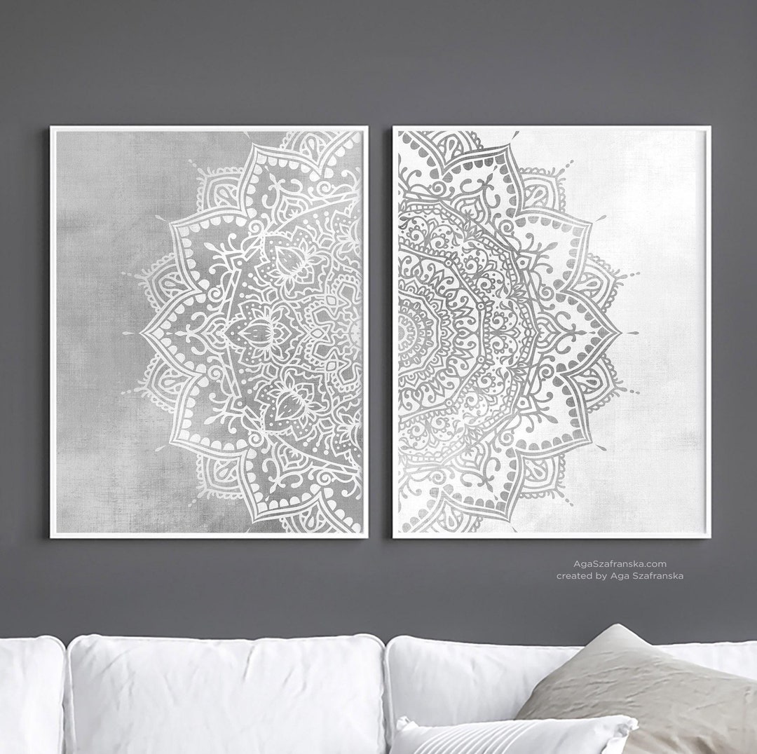 Mandala Wall Art Set Printable Boho Bedroom Decor, 2 Gray Mandala ...