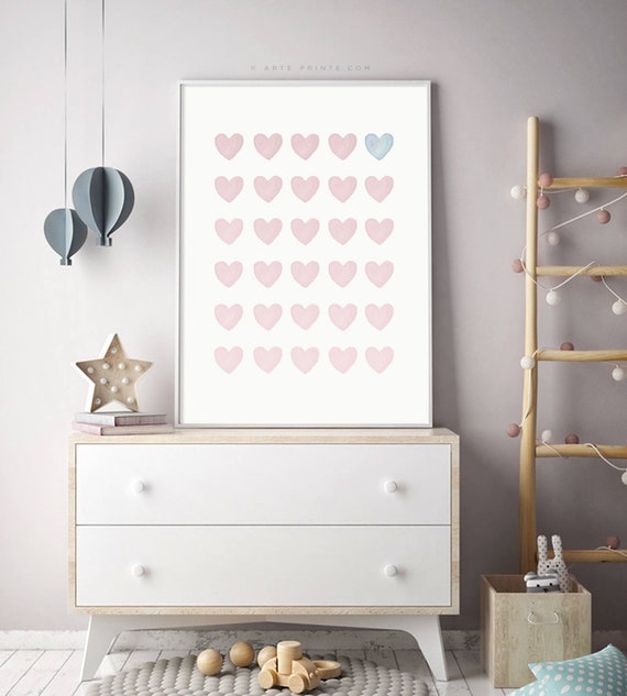 Baby Girl Nursery Decor Blush Pink Blue Watercolor Hearts Print Pastel Heart Wall Decor Printable Girls Bedroom Decor Digital Download
