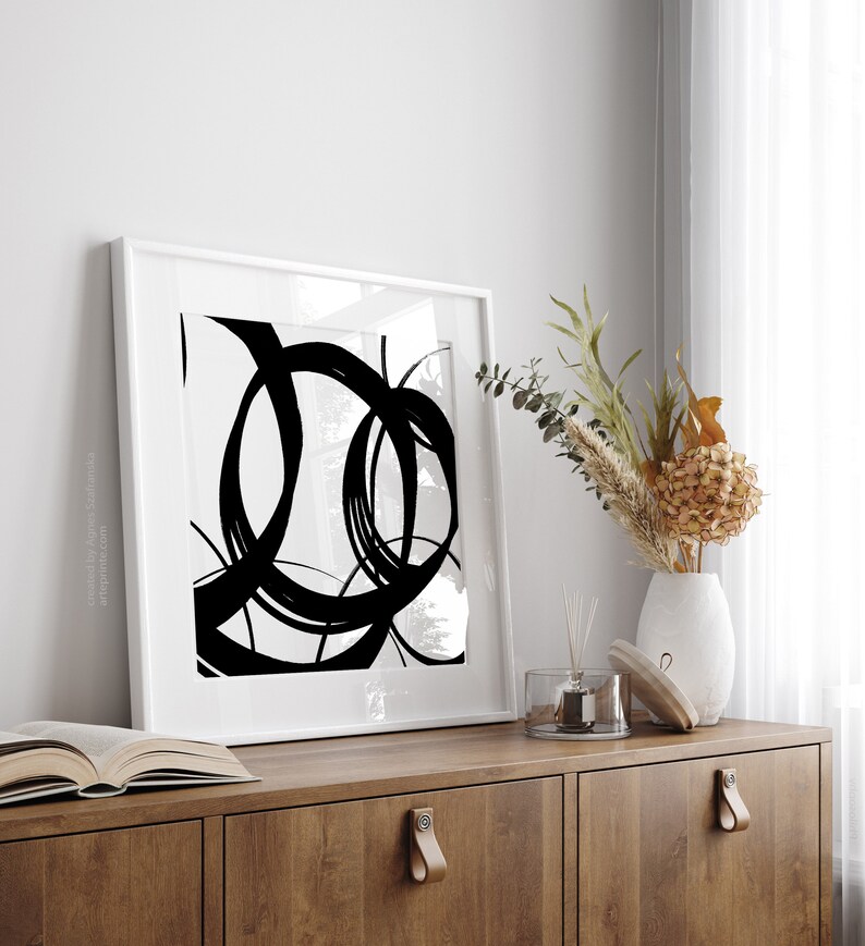 Black White Abstract Wall Art Printable Modern Black Circles Etsy