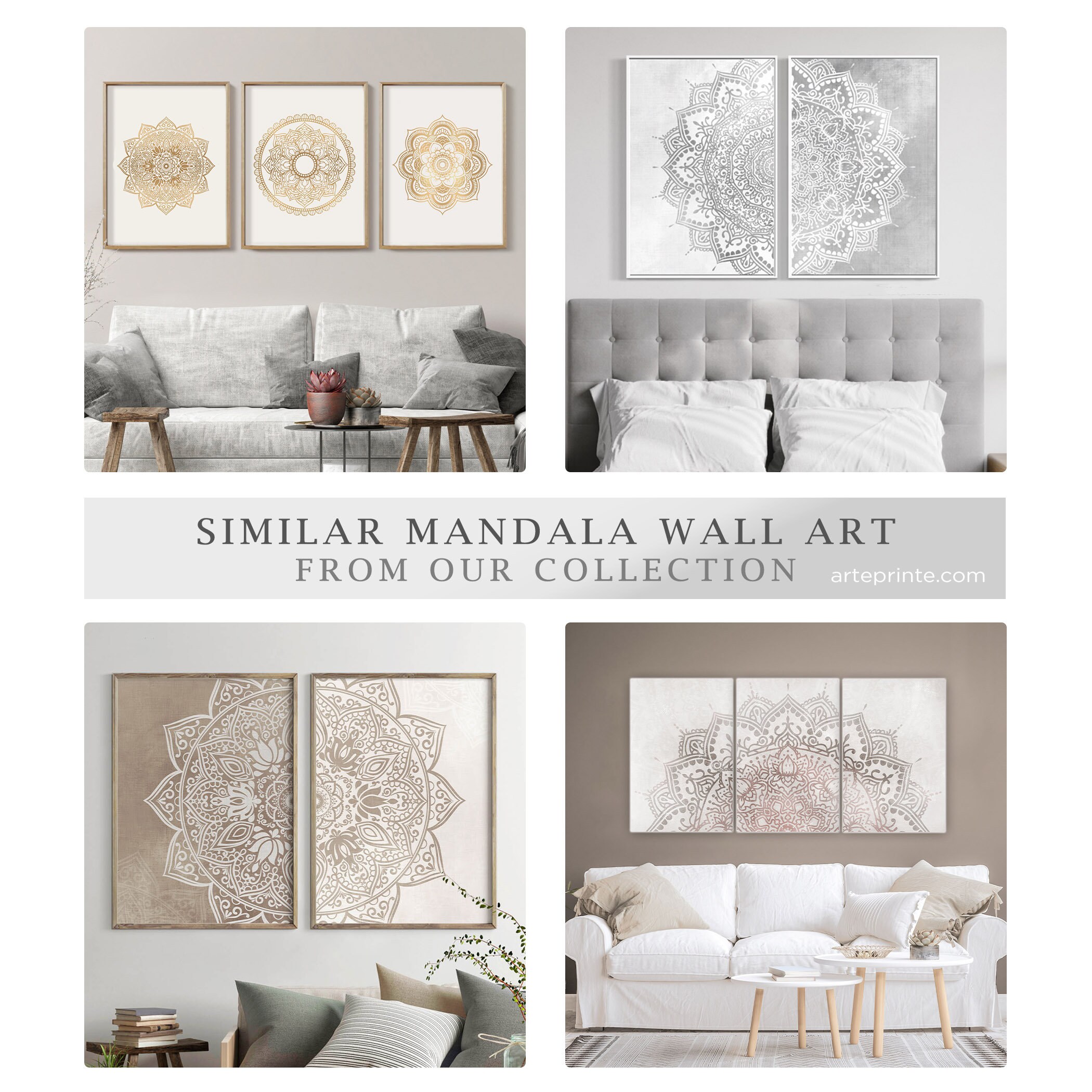Two Mandala Printable Wall Art, Set 2, Beige & Gray Vintage Boho Decor ...