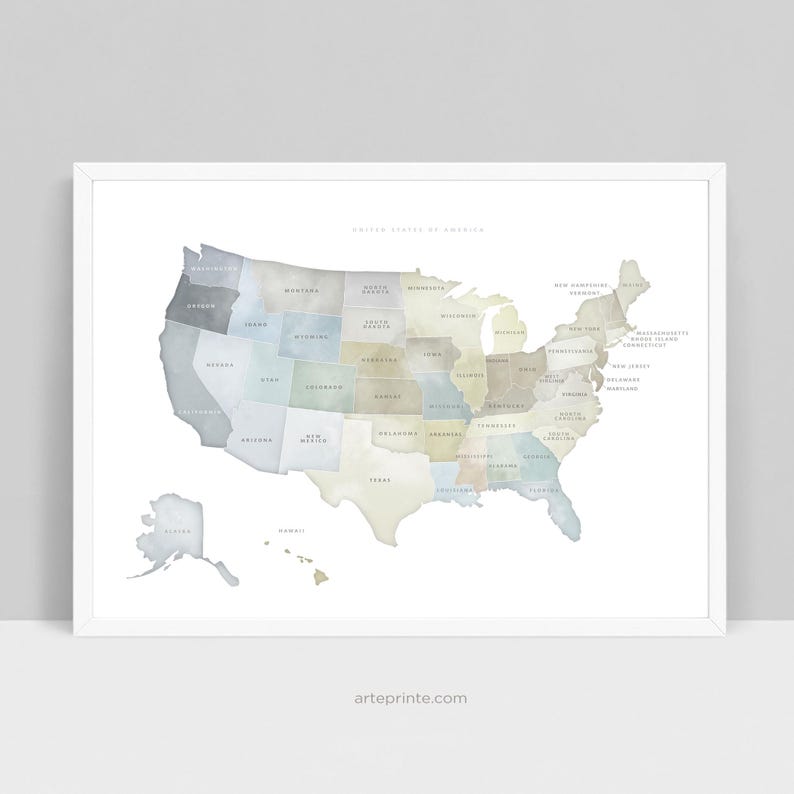 USA Watercolor Map Printable Wall Art, Muted Tone Travel Map Poster ...
