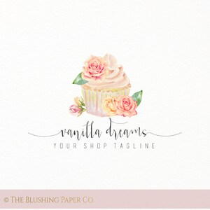 Premade Watercolor Cupcake Bakery Logo Design (vintage - floral - flowers - cake - baking - bakeshop)