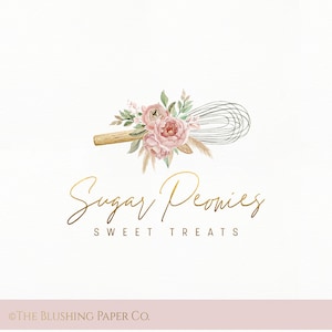 Vorgefertigtes Aquarell Schneebesen Logo Design - Vintage - Floral - Blumen - Kuchen - Bäcker - Backen - Gold - Blush - Pfingstrose - Pfingstrosen