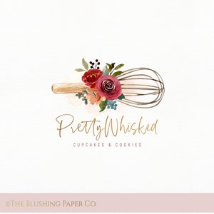 Design del logo predefinito per la panetteria Whisk Bakery in acquerello - vintage - floreale - fiori - torta - fornaio - cottura al forno - panificio - bordeaux marrone