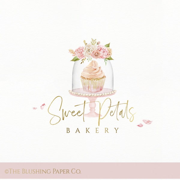 Premade Cupcake Bakery Watercolor  Logo Design- vintage - floral - flowers - cake - baker - baking - bakeshop - gold - glass display