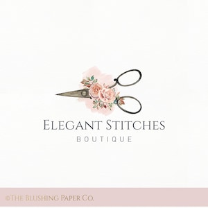 Diseño de logotipo de costura prefabricado - con clase - vintage - floral - flores - tijeras - costura - boutique - hilo - acuarela