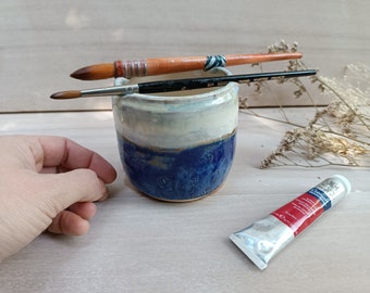 pot bleu et blanc irisé gris double porte pinceau,300 ml, matériel artiste, outil aquarelle,  atelier, céramique artisanale