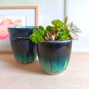 Peut inclure: Deux pots en céramique avec un vernis brillant passant d'un bleu marine profond en haut à un vert turquoise vif à la base. L'un des pots est rempli d'une variété de plantes succulentes vertes et pâles, tandis que l'autre est vide.