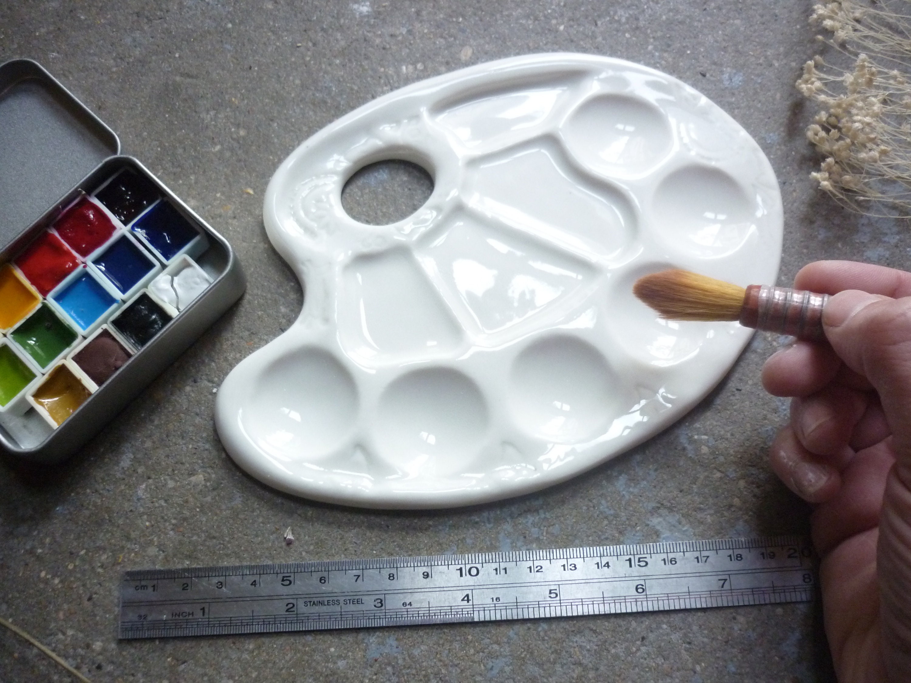 Paleta cerámica 7 agujeros A6, para mezclar acuarelas