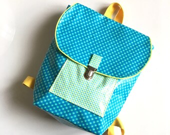 Mon premier Sac à dos - imperméable en coton ciré Turquoise, jaune et vert.