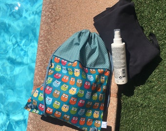 Sac pochon hiboux turquoise  - sac à dos imperméable - sac de sport