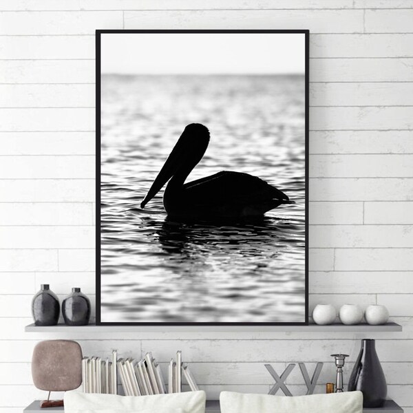Large Pelican Print,  Coastal Prints,  Black and White,  Download,  Beach,  Pelican Poster | Pelican Download