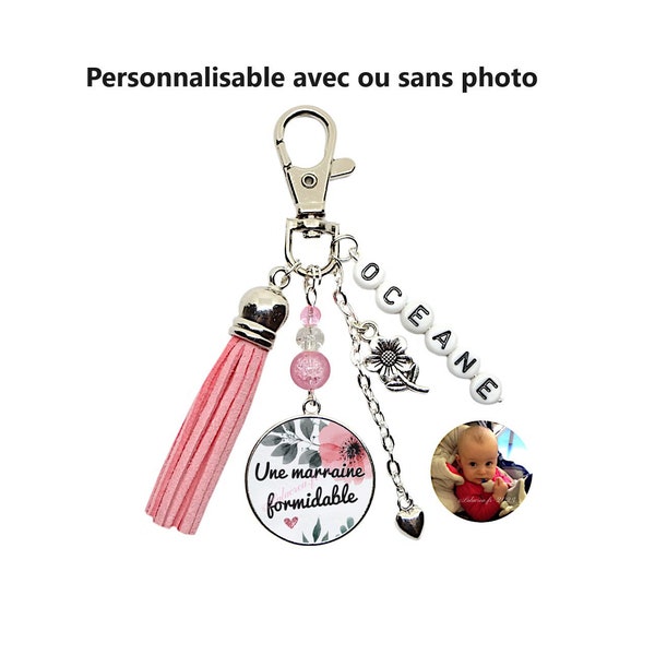 Votre Photo, Votre prénom, Porte clés marraine personnalisé, "Une marraine formidable", porte clé prénom, porte clés photo, cadeau baptême