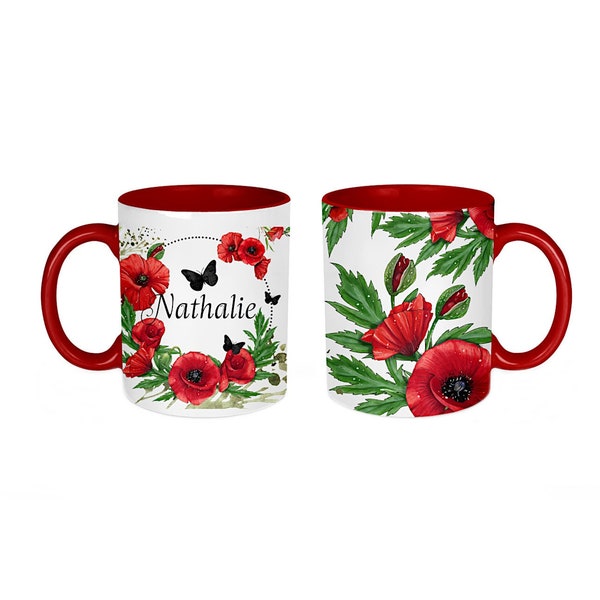 Votre prénom - Mug personnalisé Coquelicot en céramique, intérieur et anse couleur rouge, noir ou blanc, cadeau pour elle
