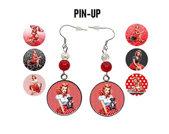 Boucles d'oreilles pin up, boucles d'oreilles pin up rouge vintage, boucle d'oreilles rétro, cabochon pin up, cadeau pour elle