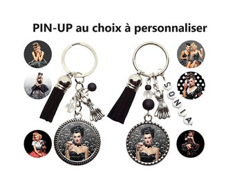 Votre prénom - Porte clés pin up personnalisé, porte clés pin up vintage, rétro,  cabochon pin up ton noir, cadeau personnalisé pin-up