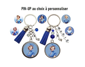 Votre prénom - Porte clés pin up personnalisé, porte clés pin up vintage, rétro,  cabochon pin up bleu, cadeau personnalisé pin-up