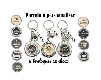 Votre prénom - Porte clés parrain personnalisé, "Le meilleur parrain", "Je t'aime parrain", 12 modèles au choix, breloque au choix