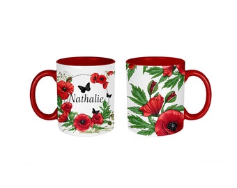 Votre prénom - Mug personnalisé Coquelicot en céramique, intérieur et anse couleur rouge, noir ou blanc, cadeau pour elle