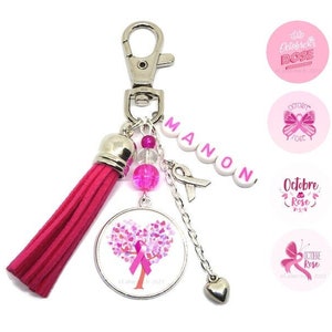 Your first name, personalized pink October keychain, breast cancer awareness, model of your choice