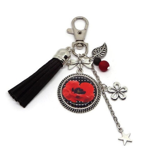 Porte clés coquelicot, porte clés fleur rouge, bijou de sac coquelicot, porte clés pompon noir, perle polaris