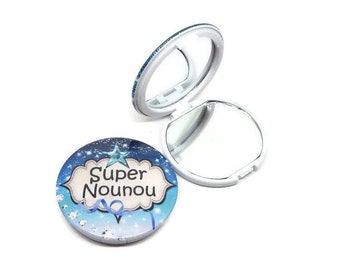 Miroir de poche nounou, miroir de sac, "Super nounou", miroir de poche double de 58 mm, boîte cadeau et pochette velours inclus